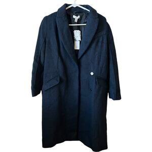 NEW TOPSHOP Manhattan Long Belted Wool Blend Coat Navy Front Size 6